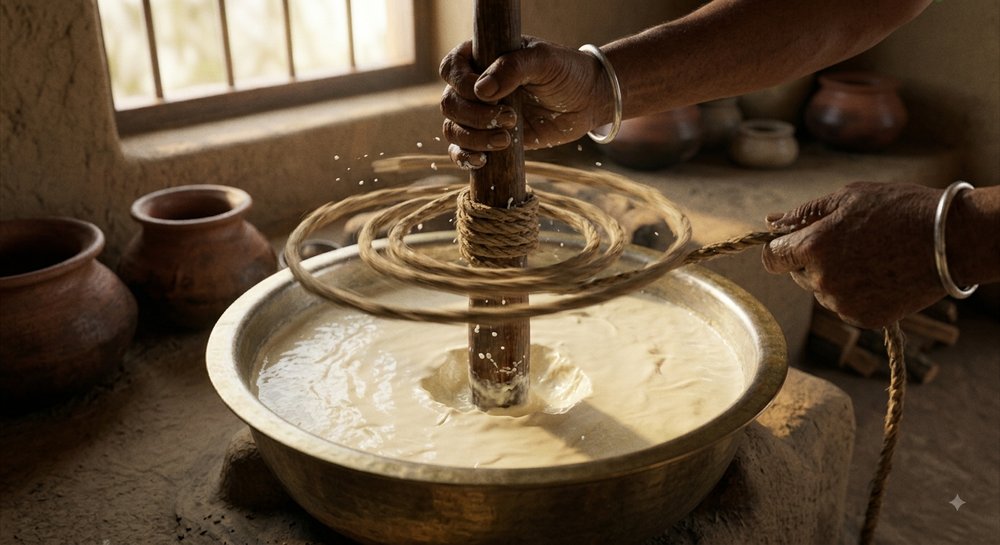 Churning with wooden bilona